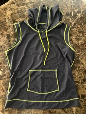 ATHLETA Sleeveless Hoodie Top Gray Neon Lime | Athleisure Gym Workout Tank L